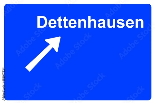 Illustration eines Autobahn-Ausfahrtschildes mit der Beschriftung "Dettenhausen" 