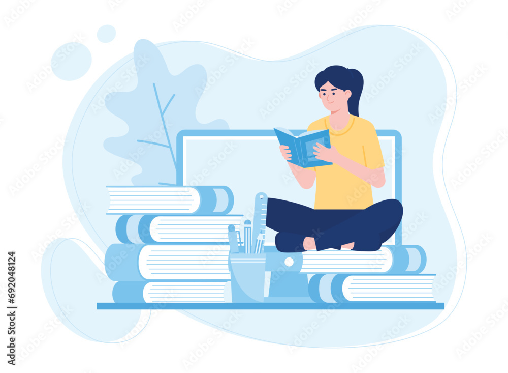 woman reading book online concept flat illustratiuon woman reading book online concept flat illustratiuon