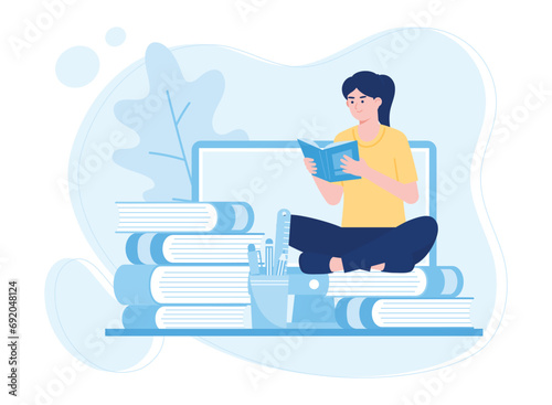 woman reading book online concept flat illustratiuon