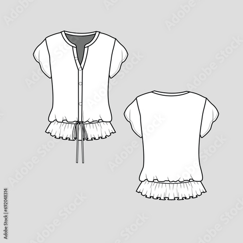 Fashion knotted ruffles top henley neck button panel waist gathering with draw string  knot tie ruffles hem short sleeve  top blouse t shirt Fashion clothing flat sketch drawing template design vector