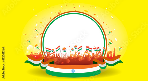 Freedom parade background of Republic day India. People, army celebrating and saluting tricolor flag poster design at India gate. India monuments skyline.