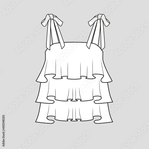 Fashion Knotted Ruffles Top shoulder knot tie layered ruffles detail  top dress women clothing fashion flat sketch technical drawing template design vector