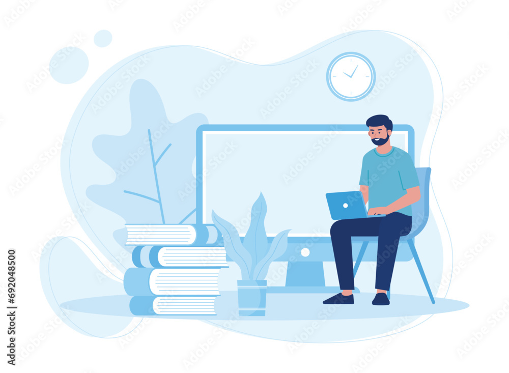 man studying with laptop. Online education and learning concept concept flat illustratiuon
