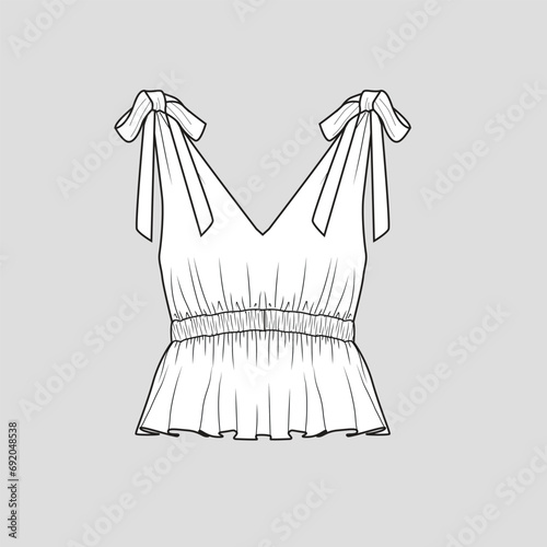 Fashion Knotted Waist Gathering Ruffles Top shoulder knot tie sleeveless top clothing fashion flat sketch technical drawing template design vector