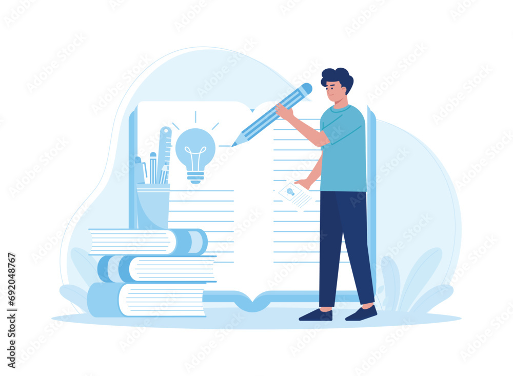 man is writing in a book concept flat illustratiuon
