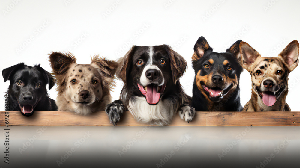 Border group of dogs in studio. Isolated white background, copy space. 
