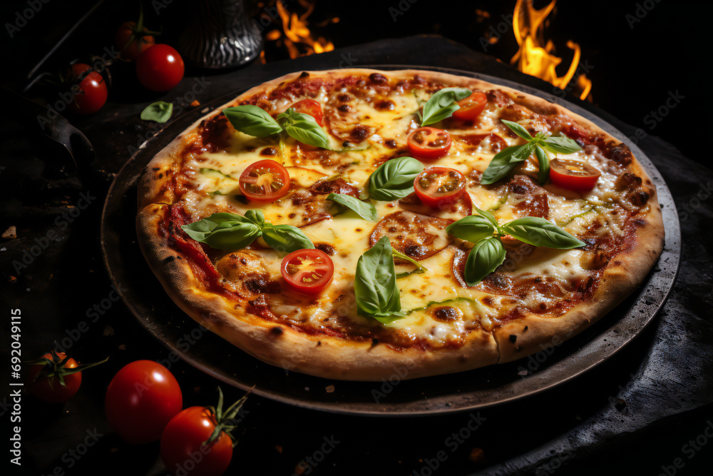 Top view of delicious pizza with salami, mushrooms and tomatoes on a board. Food made in a wood- burning oven with a dark background