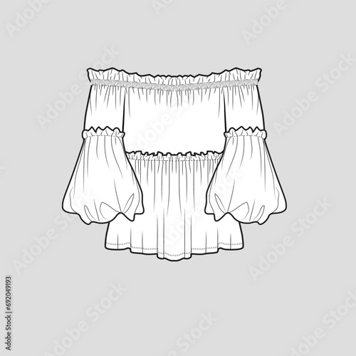 Fashion Off shoulder Lantern Sleeve blouse elastic gathering detail lantern sleeve ruffles blouse top flat sketch technical drawing template design vector