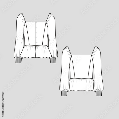 Fashion Peplum Button panel  Gathering top square neck long sleeve gatherings smocking cuff hem clothing flat sketch technical drawing template design