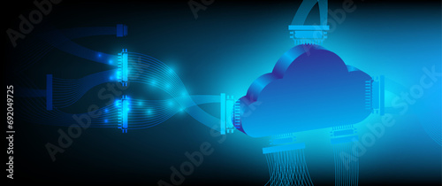 Cloud storage. From the cloud in the world map.  A digital service or application that transfers data to a server or hosting service. Data transfer protection and data center connection network.