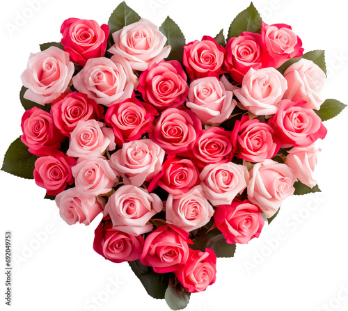 Heart-shaped rose arrangement isolated with transparent background.