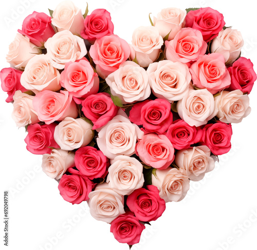 Heart-shaped rose arrangement isolated with transparent background.