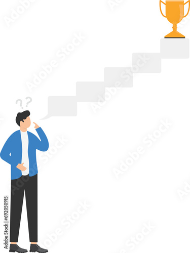 Step-by-step thinking for success, systematic planning for career progress, contemplation about overcoming business challenge concepts. Businessmen think of the ladder bubble to trophies.

