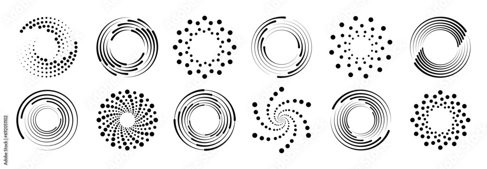 Circle dotted speed lines. Abstract round halftone circle frames, rotating dotted circle shapes. Big collection of round Logos.	