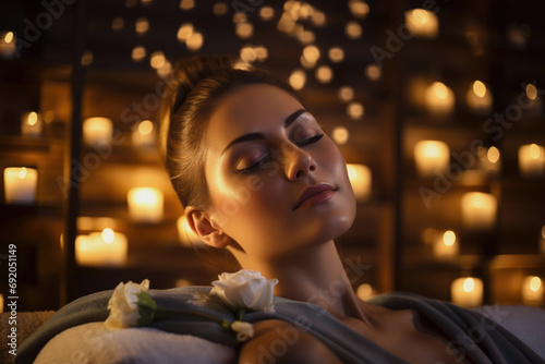 A beautiful woman relaxing in a spa, undergoing spa treatment, with her eyes closed