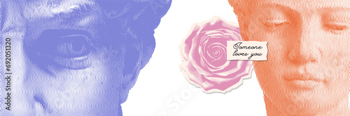 Engraved Valentine's day banner with halftone rose and antique statue. A bright and contemporary design for a romantic flyer, poster. T-shirt print. Vector vintage illustration. New Wave.