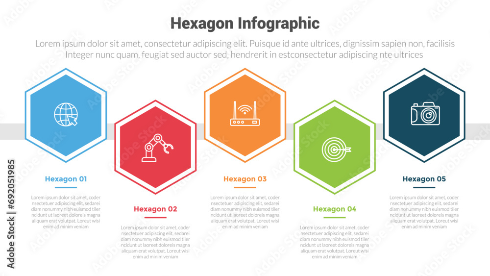 Fototapeta premium hexagon or hexagonal honeycombs shape infographics template diagram with timeline horizontal up and down with 5 point step creative design for slide presentation