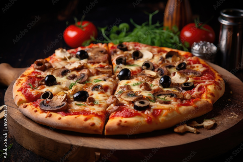 Freshly baked pizza with mushrooms and olives on a wooden board.