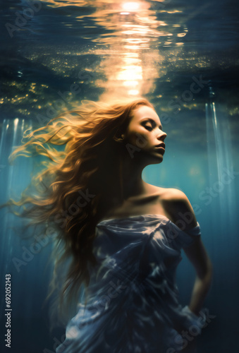 girl in a white dress underwater. Female model posing under the water. Vertical orientation