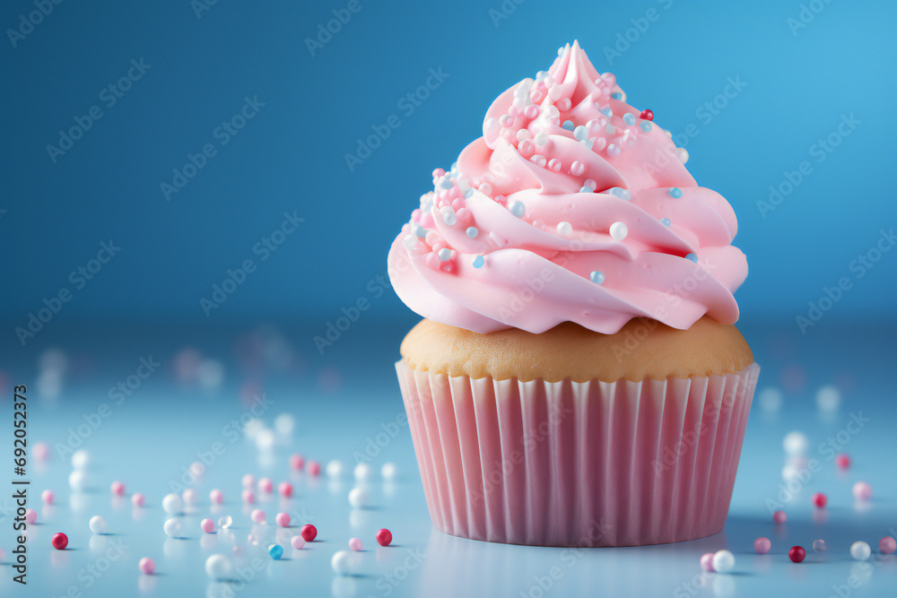 cupcake with pink and blue frosting and sprinkles. Birthday celebration concept. Bokeh. Copy space cupcake with pink and blue frosting and sprinkles. Birthday celebration concept. Bokeh. Copy space