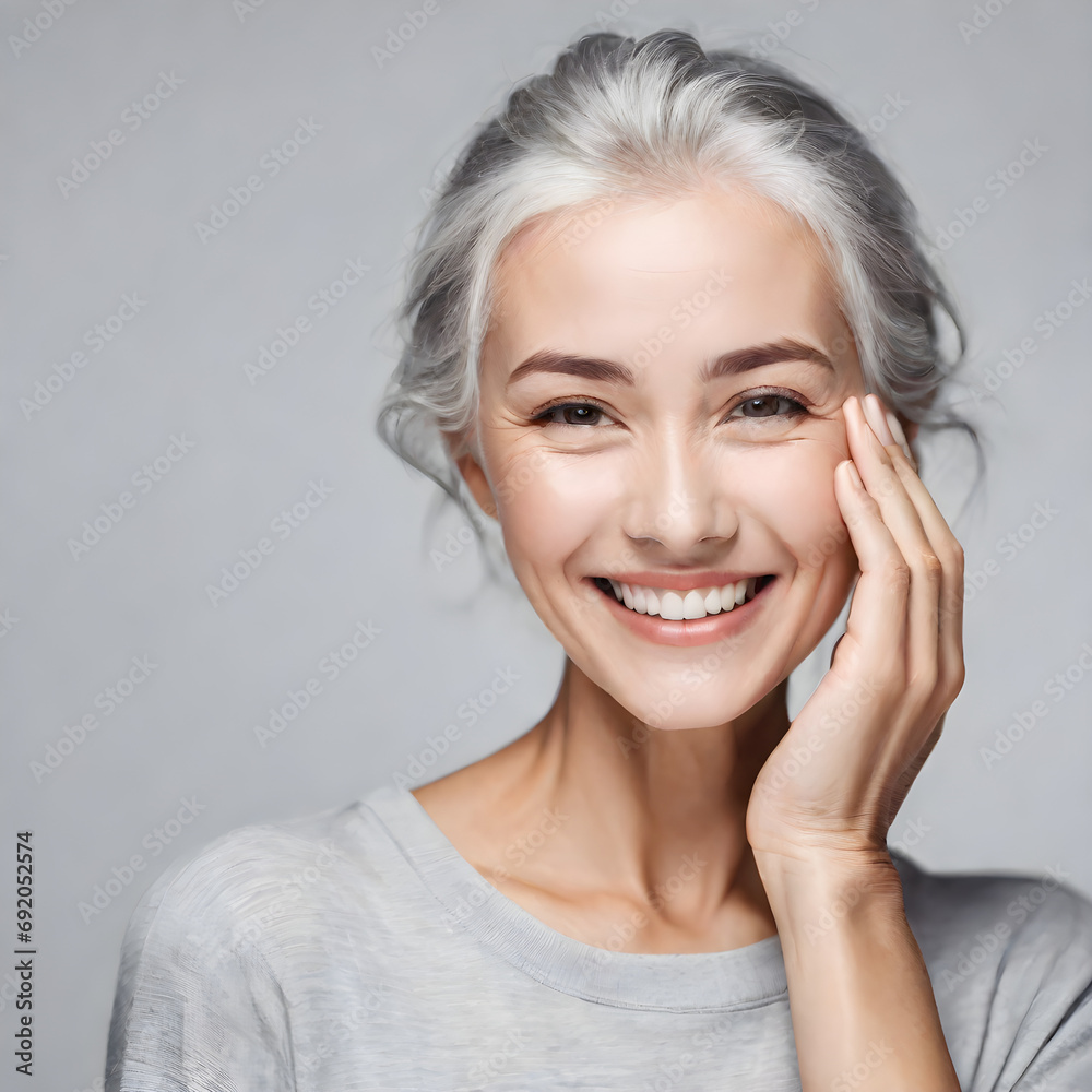 woman touch face with smooth healthy skin beautiful aging young looking woman with gray hair woman touch face with smooth healthy skin beautiful aging young looking woman with gray hair
