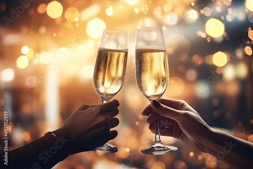 two glasses of champagne in hands toasting, festive celebration photo