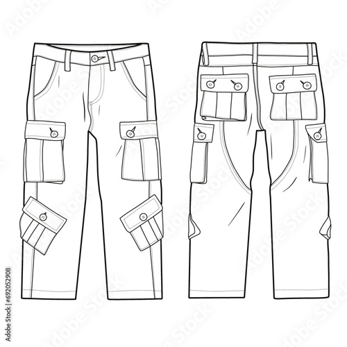 Technical sketch of kid's cargo pants vector template, cargo trousers front, and back view, isolated on white background.