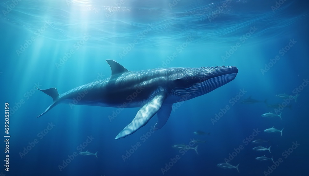 Naklejka premium Blue Whale under water with sun light streaming down from the surface above.