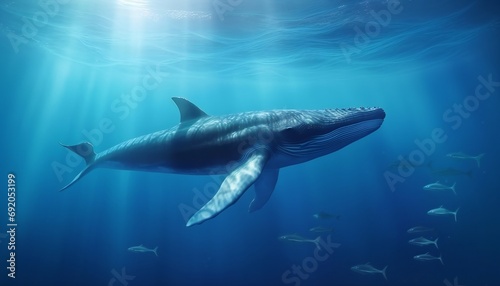 Blue Whale under water with sun light streaming down from the surface above.