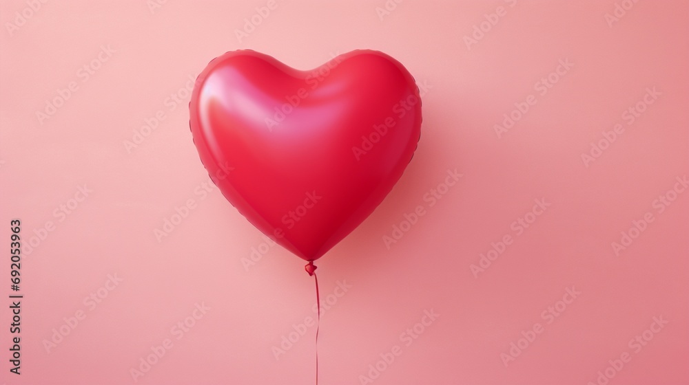 a vibrant red heart-shaped balloon against a soft, pastel pink background.
