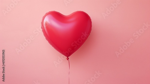 a vibrant red heart-shaped balloon against a soft  pastel pink background.