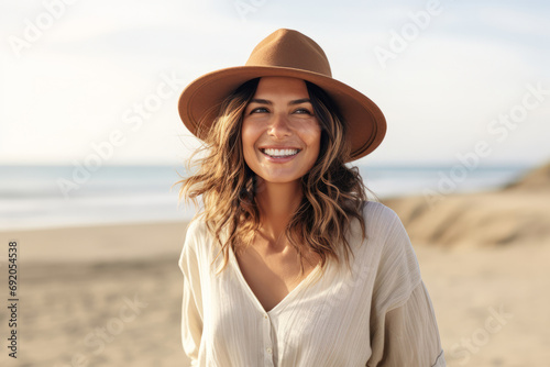 Beautiful smile female woman traveler on the beach and sky background. One solo girl with wing hat traveling and having fun on the seaside ocean or lagoon island.