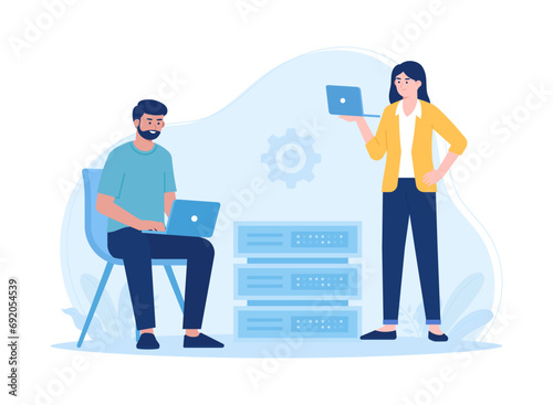 people manage data with laptop concept flat illustration
