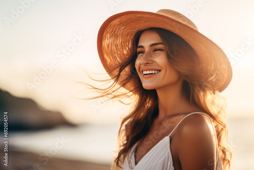 Beautiful smile female woman traveler on the beach and sky background. One solo girl with wing hat traveling and having fun on the seaside ocean or lagoon island. photo