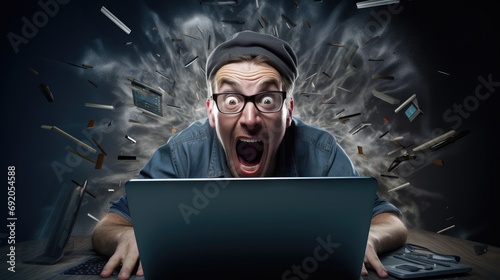 An astonished man with glasses experiences a digital explosion, with items flying out of a laptop screen in a surreal display.