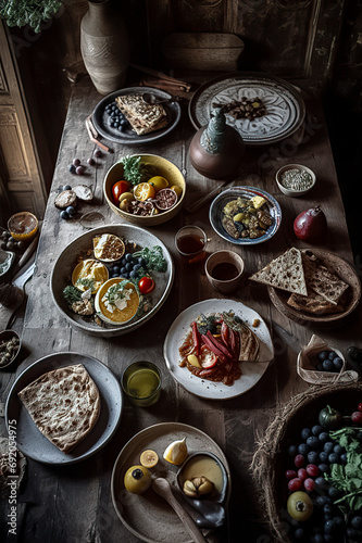 A rustic table setting with various dishes, fruits, and breads on a dark wooden table, under dim, cozy lighting, ai generative