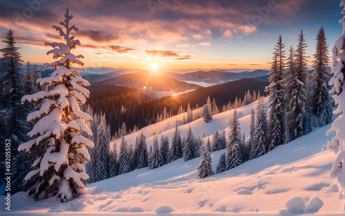 Beautiful winter landscape in mountains. View of snow-covered conifer trees and snowflakes at sunrise 