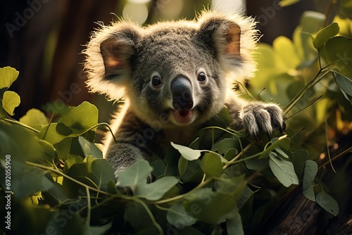 Lazy koala eats eucalyptus leaves against a background of green branches  sunny day