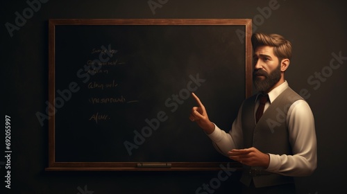 An elegant thirtysomething man sporting a beard is depicted indoors on a blank chalkboard. . photo