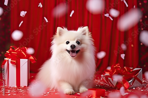 A white Pomeranian dog sits on a red floor, surrounded by gifts and confetti. smiling face beams with happiness.