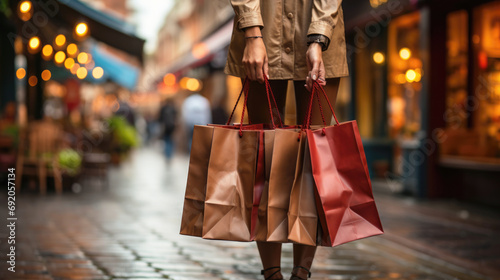 A young woman walks down the street and holds many shopping bags in her hands. Shopping and sale concept.