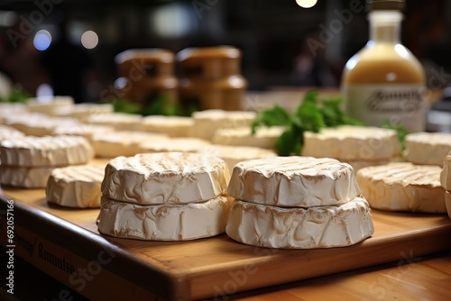 Camembert cheese on wooden shelves.