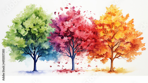 Hand-Painted Four Seasons Illustration: Vibrant and Colorful Nature Artwork - Creative Concept for Backgrounds and Artistic Designs Reflecting the Beauty of Autumn, Winter, Spring, and Summer.