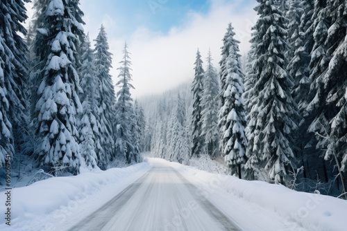 A forest of snow-covered Christmas trees. The road is trampled in the snow, clouds cover a small part of the small mountain. © Dinezi