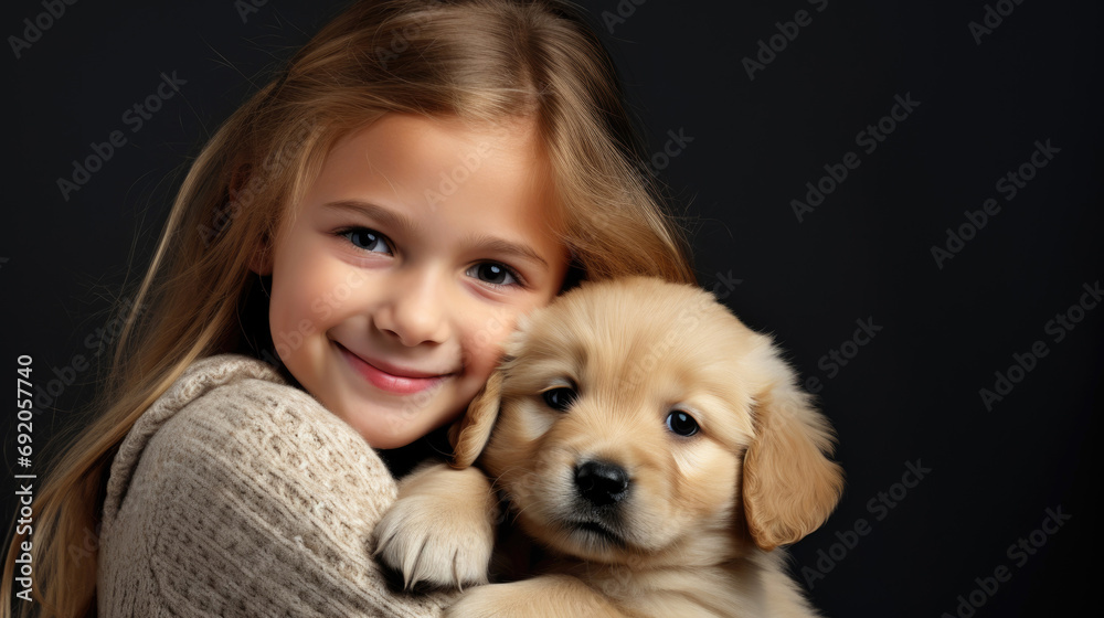 Little happy child hugging golden retriever puppy, portrait on black background. Little happy child hugging golden retriever puppy, portrait on black background.