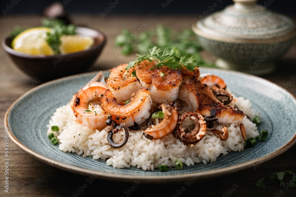 Elegant dish of seafood: grilled shrimp/octopus with rice. Elegant dish of seafood: grilled shrimp/octopus with rice.