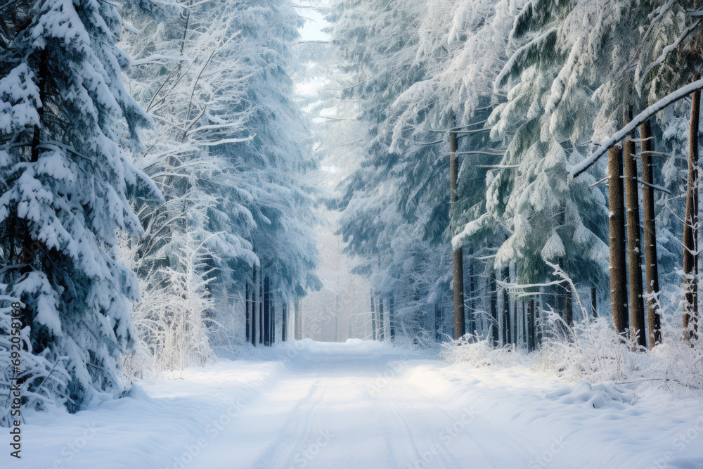 Naklejka premium A forest of snow-covered Christmas trees. The road is trampled in the snow.