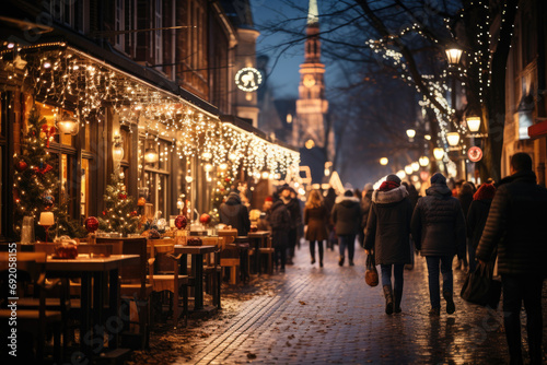 Christmas market on the evening street and holiday lights. Christmas shopping, festive mood. Silhouettes of people. © Katerina Bond