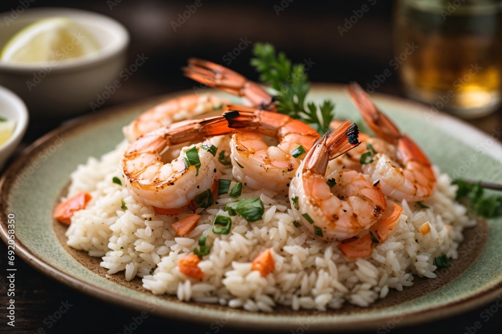 Elegant dish of seafood: grilled shrimp/octopus with rice. Elegant dish of seafood: grilled shrimp/octopus with rice.