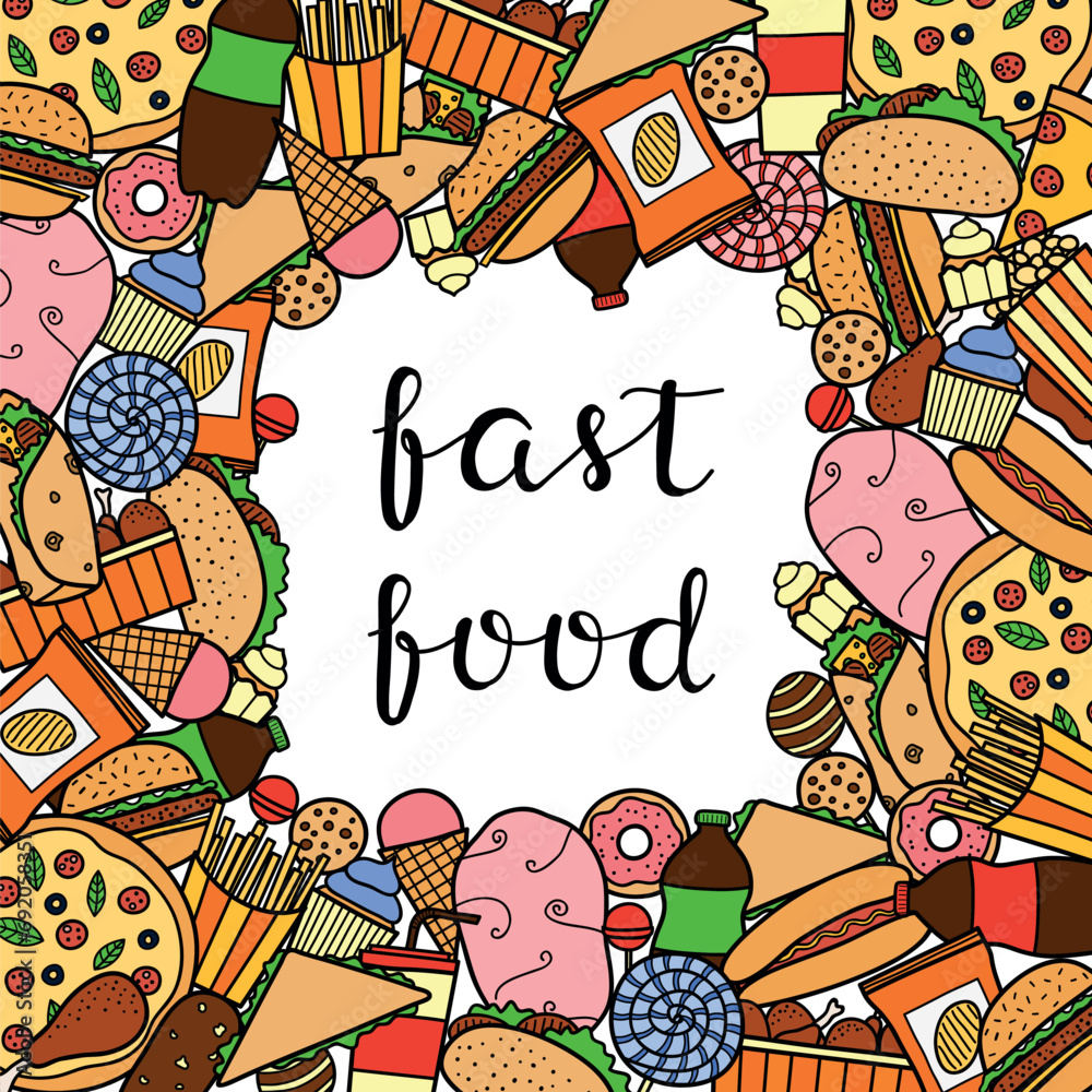 Fototapeta premium Background with doodle fast food items.